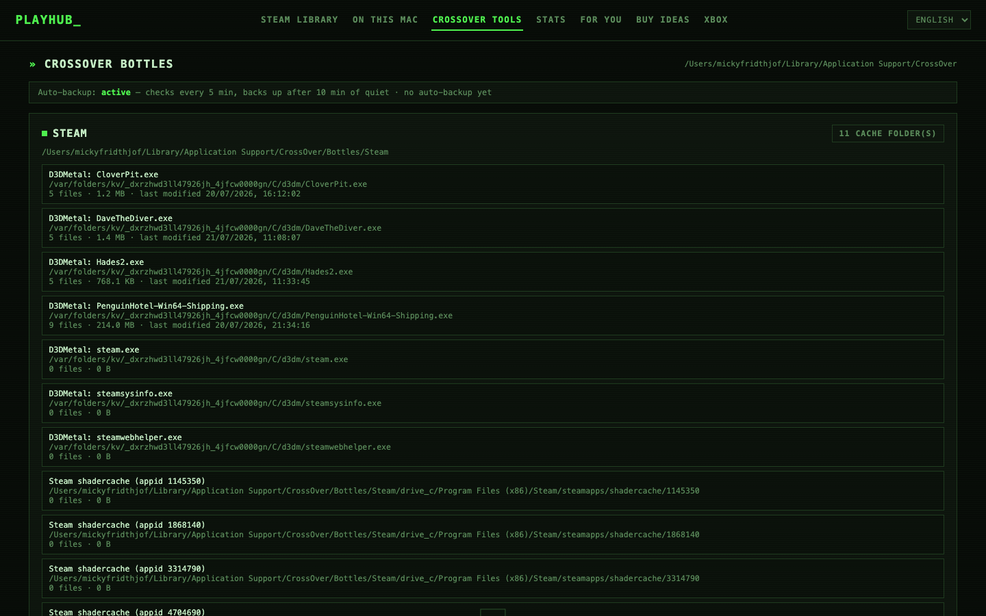 CrossOver Tools tab with D3DMetal shader caches and backups