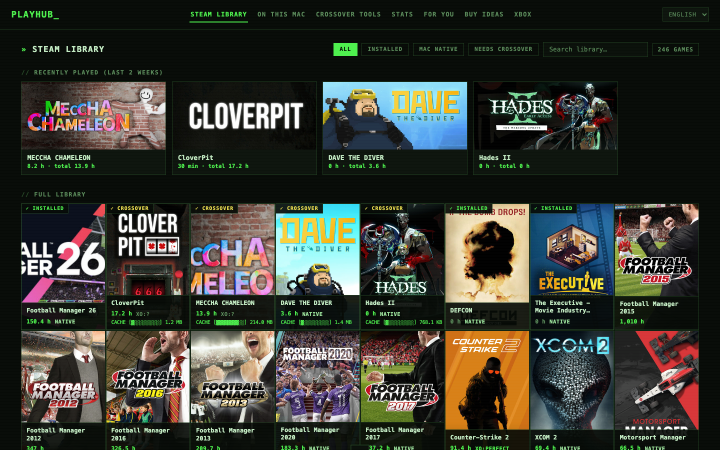 PlayHub Steam library with platform badges and playtime